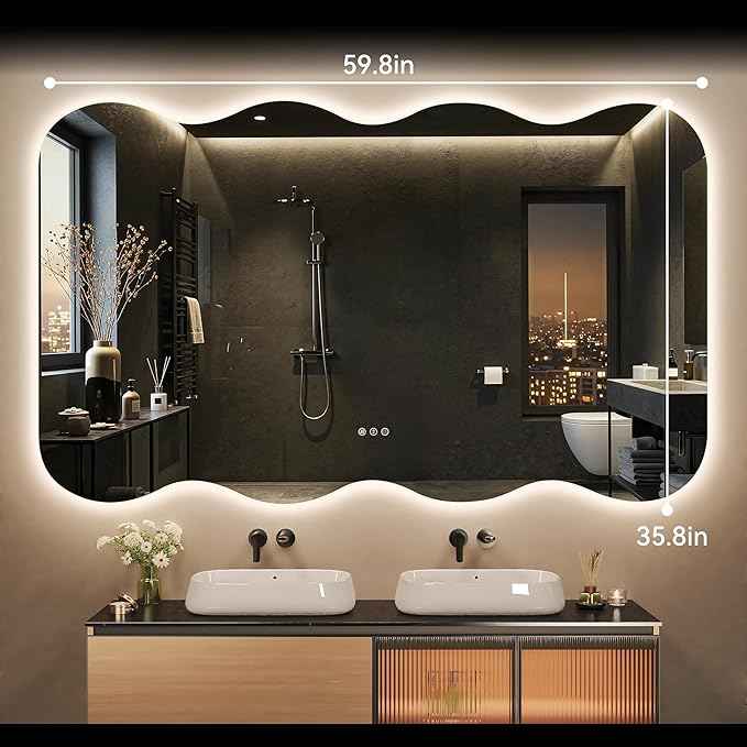 Hasipu Wavy Full Length Mirror with Lights - 60"×36" LED Wavy Floor Mirror, Frameless, Dimmable, Standing or Vertical/Horizontal Wall-Mounted Mirror for Bedroom, Living Room, Cloakroom