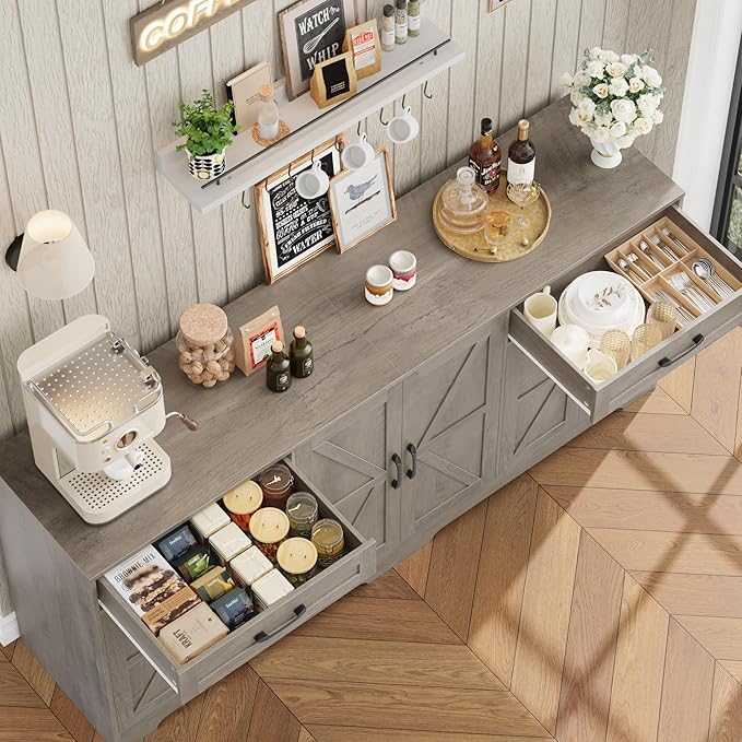 71” Large Sideboard Buffet Cabinet with Storage, Farmhouse Kitchen Buffet Cabinet with Adjustable Shelves and 6 Barn Doors, Wood Coffee Wine Bar Console Table, White, Ash Grey (Ash Grey)