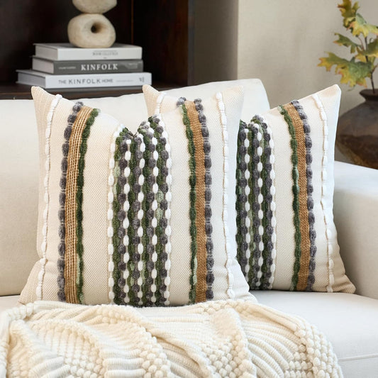 Aeckself Boho Pillow Covers 18x18 Inch Set of 2, Farmhouse Decorative Striped Square Chenille Tufted Accent Neutral Throw Pillow Covers for Living Room Couch Bed, Green