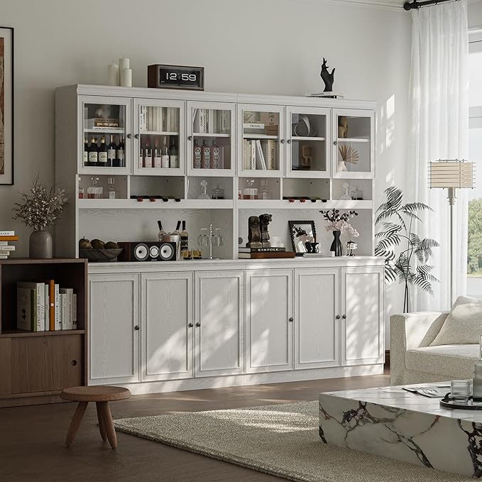 LIKIMIO 74.8" China Cabinet with Glass Doors, Tall Kitchen Pantry, Storage Cabinet with Microwave Stand, 4 Adjustable Shelves, Wine & Glass Station, Modern Display Cabinet for Home Living Room, White