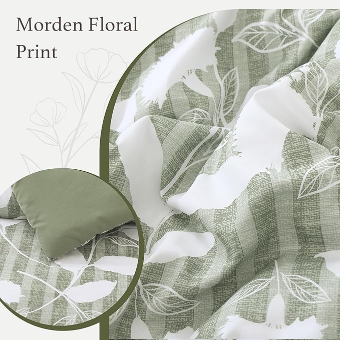 Queen Comforter Set -7 Pieces Sage Green Floral Comforter Set for All Seasons, Bed in a Bag Queen with Botanical Flowers Comforter, Sheets, Pillowcases & Shams