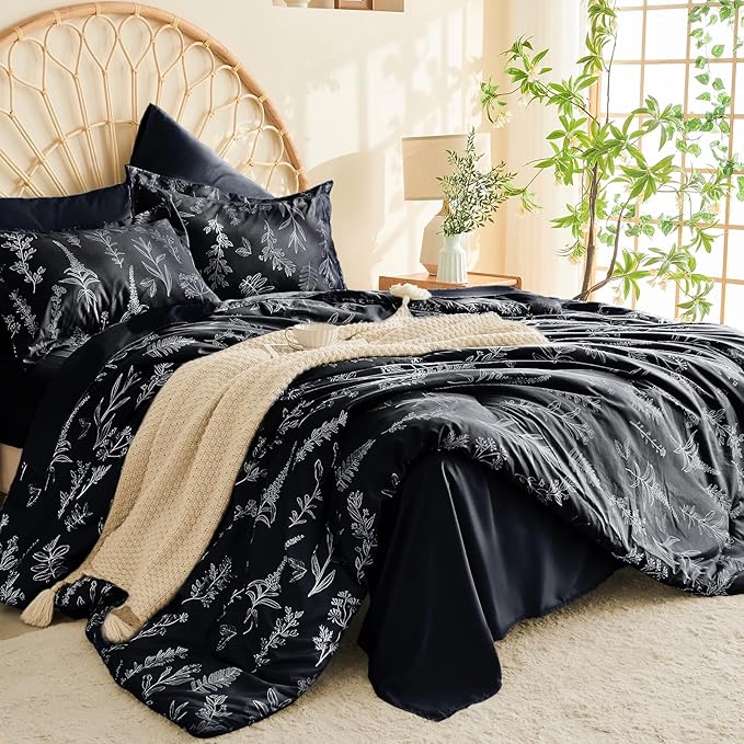 MUXHOMO Black Twin Comforter Set, Elegant Floral Print Bed in a Bag 5 Pieces, Ultra Soft & Breathable Reversible Botanical Pattern Bedding Set with Comforter, Sheets, Pillowcase, and Sham