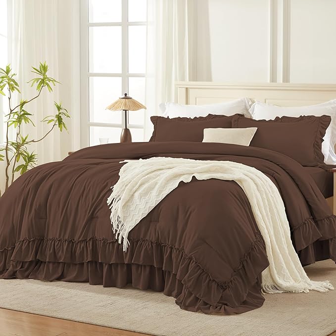 Andency Brown Queen Comforter Set (90x90Inch), 3 Pieces Lightweight Fluffy Ruffle Bedding Comforter Sets for Queen Bed, Farmhouse Shabby Chic Soft All Season Bed Set