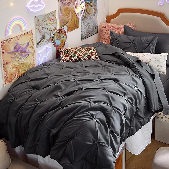 Bedsure Twin XL Comforter Set - Extra Long 5 Pieces Dorm Bedding Sets, GentleSoft™ Pinch Pleat Dark Grey Bed in a Bag with Pintuck Comforter, Sheets, Pillowcase & Sham