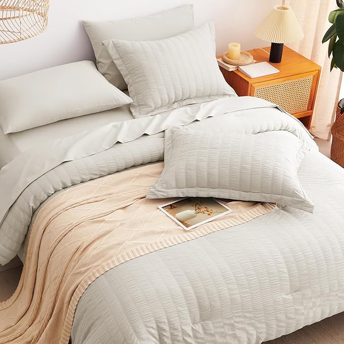 CozyLux California King Comforter Set with Sheets 7 Pieces, Beige Seersucker Bed in a Bag Cal King Luxury Soft Bedding Sets with Down Alternative Comforter, Sheets, Pillowcases & Shams for All Season