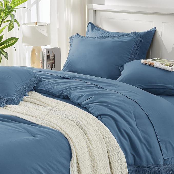 Andency Queen Comforter Set with Sheets Sea Blue - 7 Pieces Boho Tassel Bed in a Bag Soft Lightweight Bedding Sets, Fringe Bed Set with Comforter, Sheets, Pillowcases & Shams