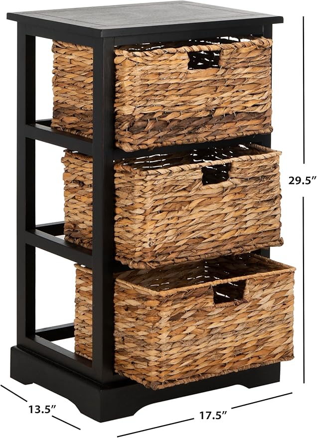 SAFAVIEH Home Collection – Halle Distressed Black Storage Side Table with Wicker Baskets, Farmhouse Accent Storage, Fully Assembled (AMH5738A)