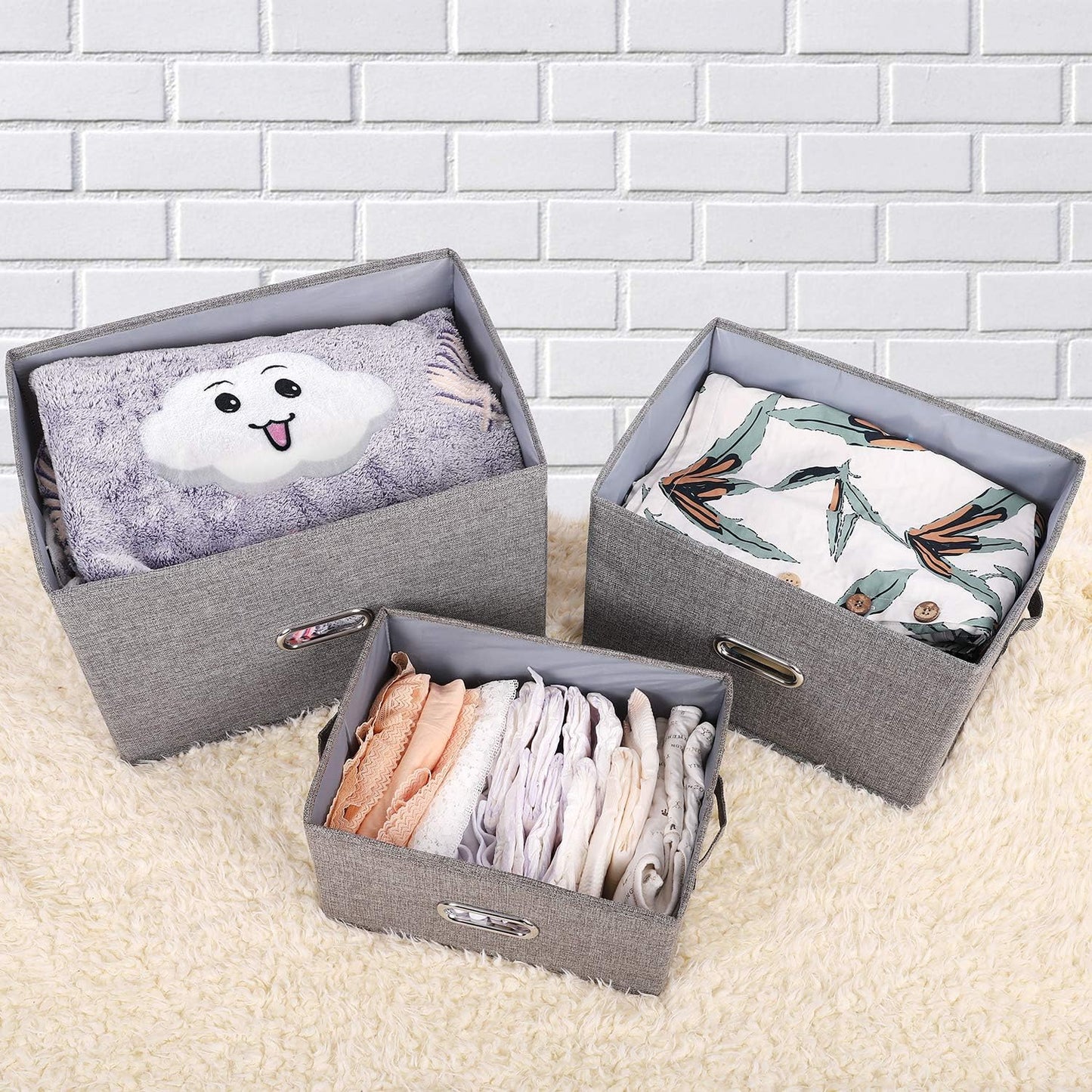 Large Linen Fabric Foldable Storage Bins with Removable Lid and Handles, Washable Storage Box Organizer Containers Baskets Cube with Cover for Bedroom,Closet,Nursery (Grey, Medium(2-Pack))