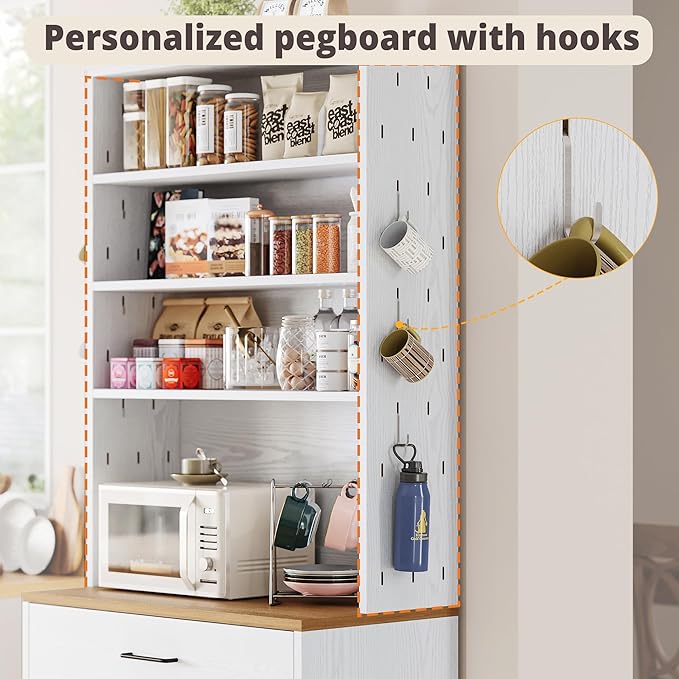 IRONCK Bakers Rack Microwave Stand Storage and Customizable Pegboard, 71" Farmhouse Coffee Bar Cabinet with Drawer, Barn Doors, Adjustable Shelves for Kitchen, Dining Room, White