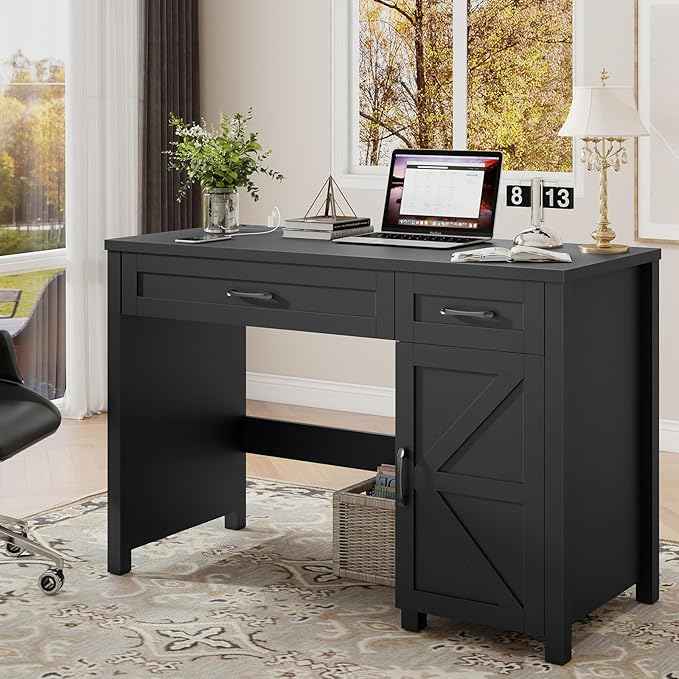 Vabches Farmhouse 47" Executive Desk, Computer Desk with Drawers and Storage Cabinet, Workstation Computer Desk for Home Office, Study.(Pure Black)