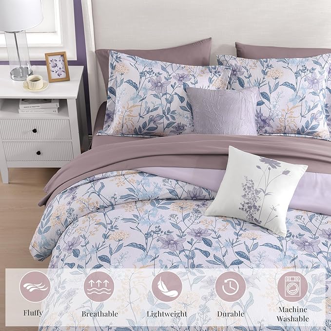 CASAAGUSTO Full Comforter Set, 7 PCS Purple Iris Floral Comforter Set with Flowers Leaves Pattern, Soft Seersucker Design All Season Full Size Bedding Set(80"X90")