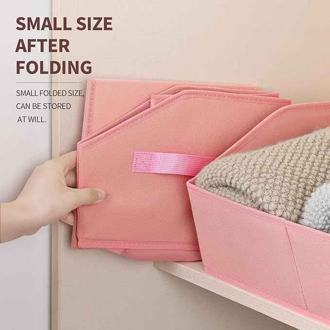 Closet Baskets for Shelves Trapezoid - Decorative Storage Baskets with Handle, Closet Bins for Organization, Shelf Storage Bins for Clothes, Books, Home, Office, 6 Pack, Pink