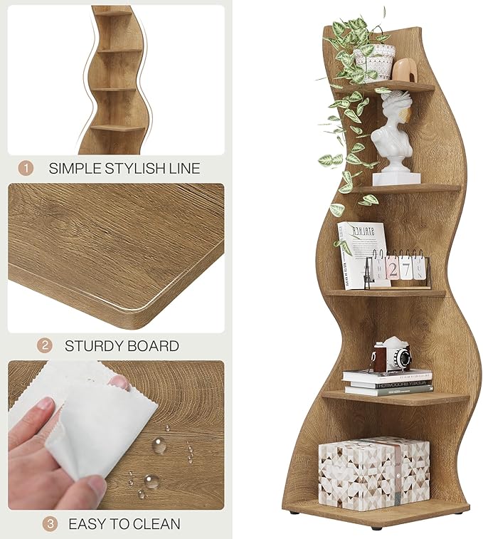 Tribesigns Corner Shelf, Modern 5-Tier Wall Corner Bookshelf, Stylish Corner Small Bookcase Storage Rack Plant Stand with Unique Shape for Living Room, Home Office (Light Brown, 2PCS)