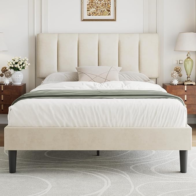 VECELO Queen Size Bed Frame with Upholstered Headboard, Heavy-Duty Bedframe with Strong Wooden Slats Support, No Boxing Spring Needed, Pale Beige