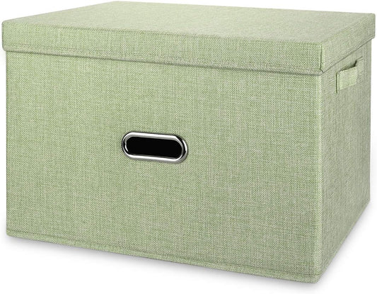 Linen Fabric Collapsible Storage Bins with Removable Lids and Handles, Washable Storage Box Containers Baskets Cube with Cover for Bedroom,Closet,Office,Living Room,Nursery (Green, Small)
