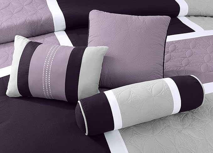 Chezmoi Collection Upland 7-Piece Quilted Patchwork Comforter Set, Lavender/Gray/Purple, Queen