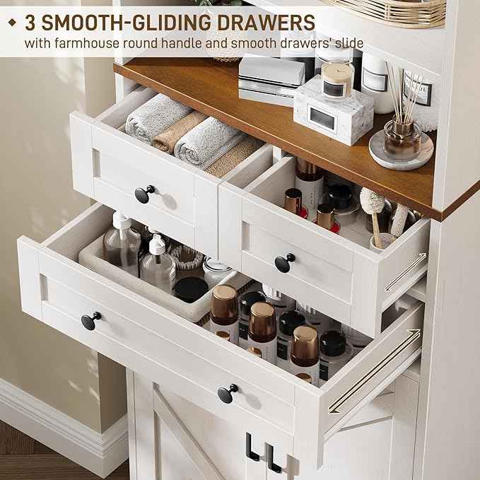 Vabches 70" Tall Bathroom Storage Cabinet, Farmhouse Bathroom Cabinet with 3 Drawers, Adjustable Shelves & Doors, 3 Tier Wood Cabinets for Bathroom, Living Room, Rustic White