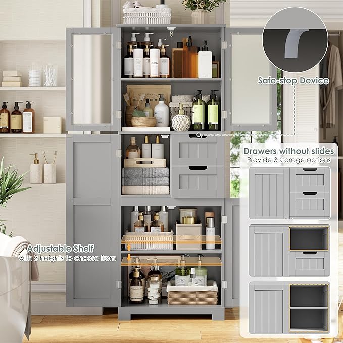 67'' Tall Bathroom Storage Cabinet, Kitchen Pantry Cabinet with Glass Doors and Adjustable Shelves, Kitchen Cupboard with 2 Drawers for Bathroom, Dining Room, Grey
