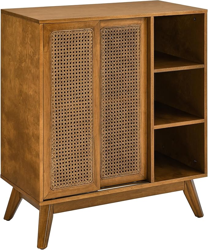 Ball & Cast 32" Mid Century Modern Rattan Sideboard Cabinet with 2 Sliding Doors, Buffet Cabinet w/Adjustable Shelf & Solid Wood Legs for Entryway, Living Room, Kitchen,Dining Room, Light Walnut