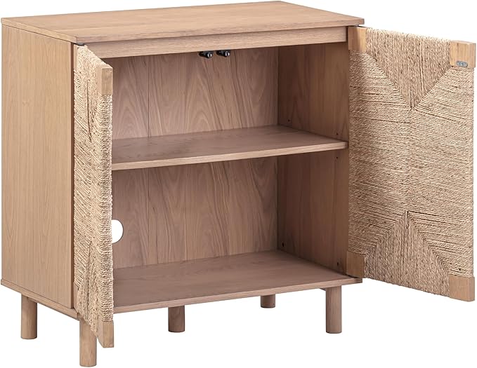 Nathan James Beacon Boho TV Stand, Free Standing Kitchen Cabinet Storage with Adjustable Interior Shelf and Seagrass Accent, Seagrass/Raw Oak, Set of 4