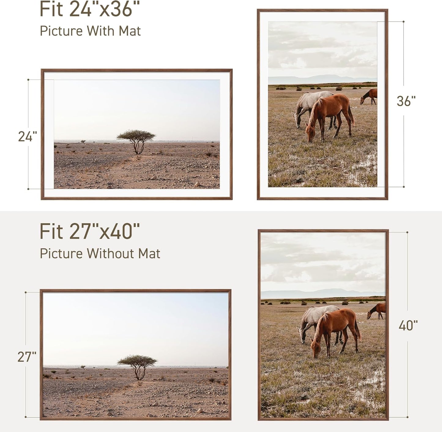 27x40 Poster Frame Set of 2 Natural Solid Walnut Photo Frames with 24x36 Removable Mat Wall Hanging Large Handcrafted Frame with HD Plexiglass Wall and Tabletop Display Large Picture Frame