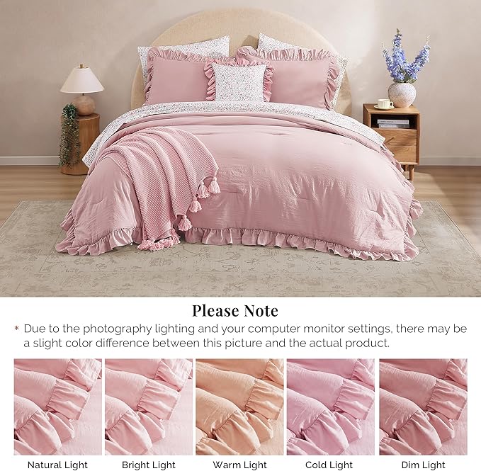 Full Comforter Set - 7 Pieces Ruffle Soft Pink Bedding Sets, Shabby Chic Farmhouse Bed in a Bag Full with Ruffle Comforter, Floral Sheets, Pillowcases & Shams