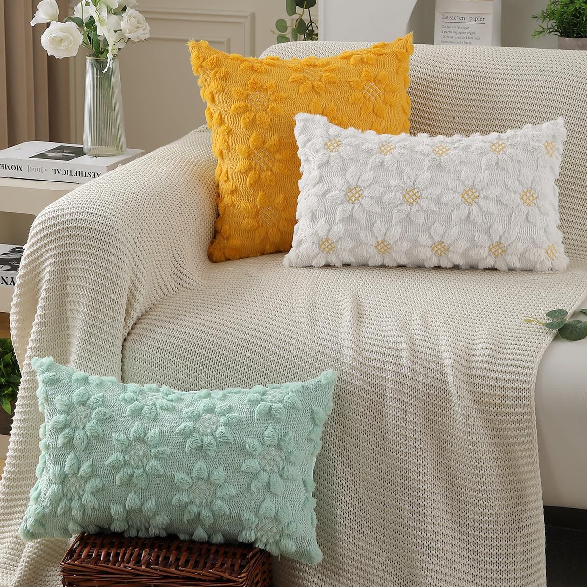 DFXSZ Spring Summer Pillow Covers 12x20 inch Set of 2 Farmhouse Decor Yellow Color Flower Heart Sunflower Soft Plush Faux Fur Jacquard Throw Pillows for Sofa Holiday Spring Home Decor PTK024C12