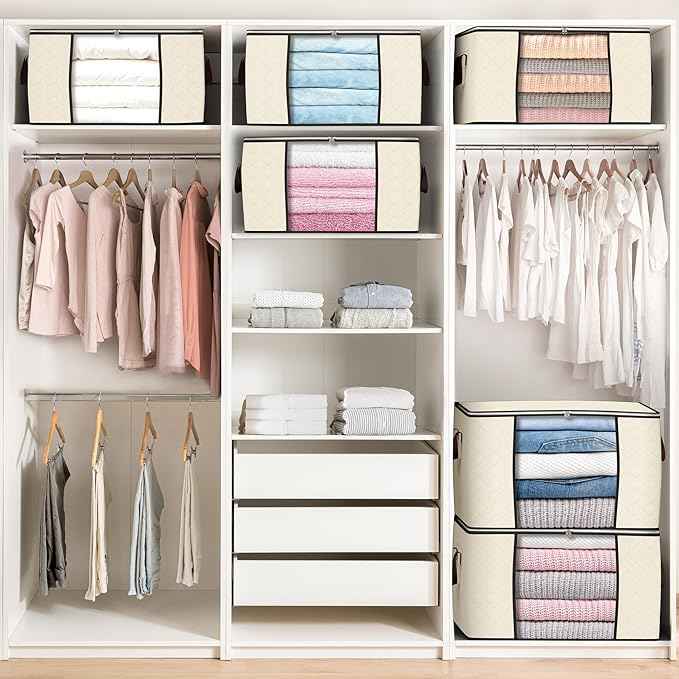 90 L Large Storage Bags, 6 Pack Clothes Storage Bins Foldable Closet Organizers Storage Containers with Reinforced Handle for Clothing, Blanket, Comforters, Bed Sheets, Pillows and Toys (Beige)