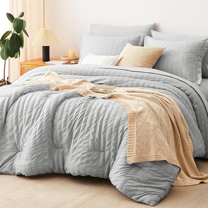 CozyLux Oversized King Comforter Set Light Grey Seersucker 7 Pieces Bed in a Bag King Comforter Set with Sheets, Luxury Soft Bedding Set with Down Alternative Comforter, Sheets, Pillowcases & Shams
