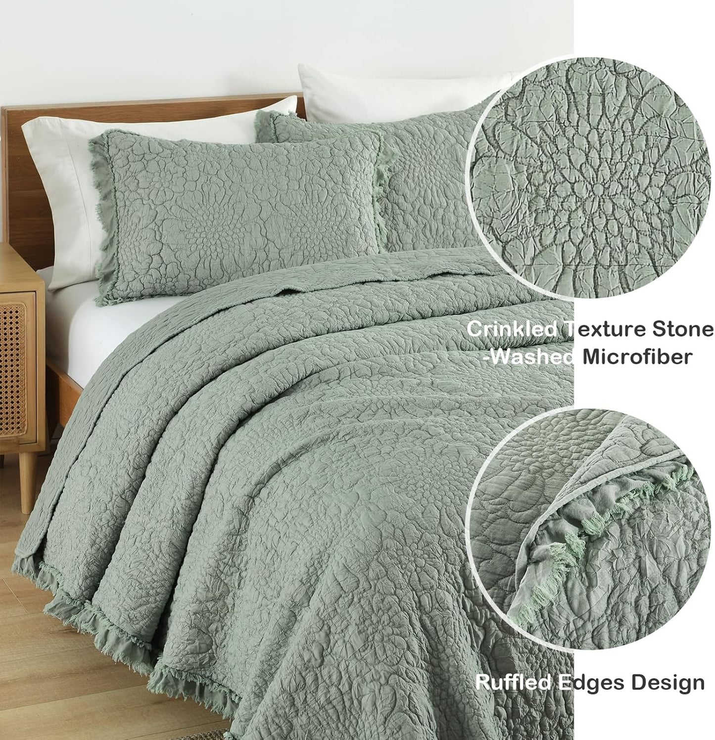 HORIMOTE HOME Sage Green Ruffled Quilt Twin Size, Stone-Washed Microfiber Lightweight Crinkled Farmhouse Rustic Shabby Chic Bedding Set, 2 Pieces Reversible Bedspread with Pillow Sham for All Season
