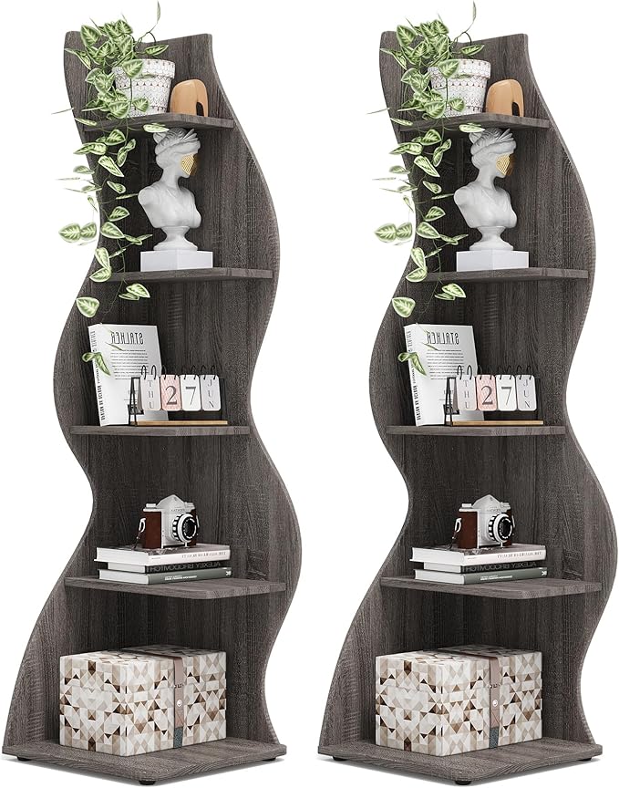 Tribesigns Corner Shelf, Modern 5-Tier Wall Corner Bookshelf, Stylish Corner Small Bookcase Storage Rack Plant Stand with Unique Shape for Living Room, Home Office(Gray, 2PCS)