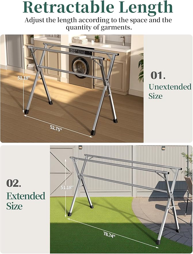 79 Inches Heavy - Duty Stainless Steel Folding Clothes Drying Rack Clothing Indoor Outdoor Anti-Rust 20 Windproof Hooks Portable & Foldable Laundry Rack (79'')