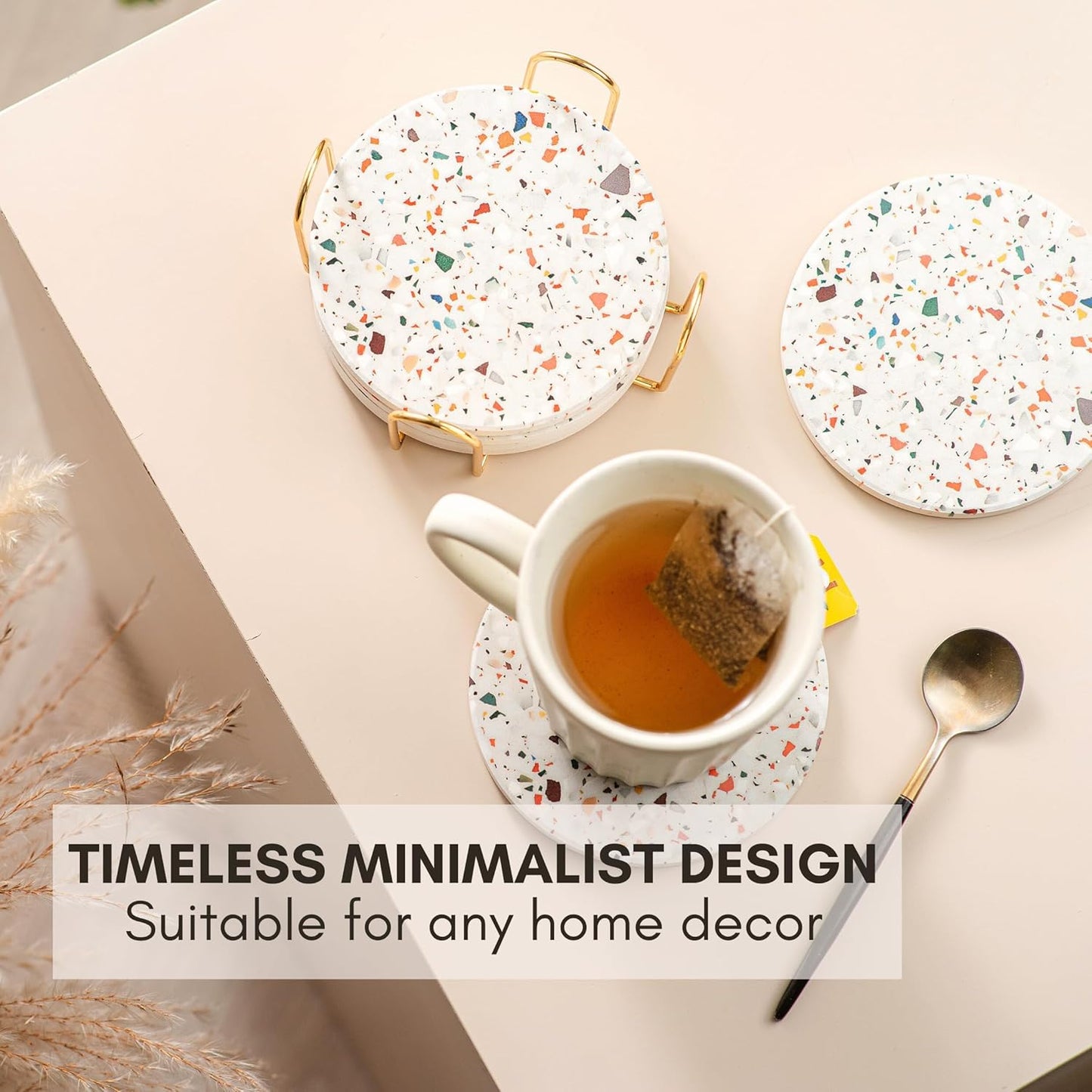 Terrazzo Drink Absorbent Coasters with Holder Set of 6, Ceramic Coaster for Drinks, Coffee Table Decor, Water Absorbing Stone Coaster for Drinks (Marble)