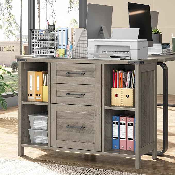 Vabches File Cabinet with 3 Drawers, Farmhouse Lateral File Cabinet Fits Files Letter/A4 Size, Wooden Filing Cabinet with Adjustable Shelves Printer Stand for Home Office, Grey
