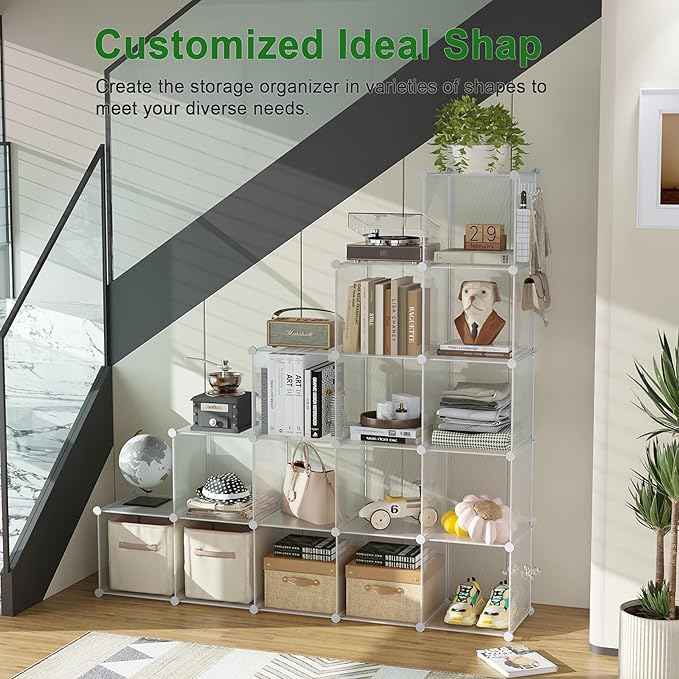 C&AHOME Cube Storage Organizer, 16-Cube Shelves Units, Plastic Storage Cubes, DIY Closet Organizer, Modular Closet Storage Shelf Ideal for Home, 48.4" L × 12.4" W × 48.4" H Transparent Twill UPCS16T