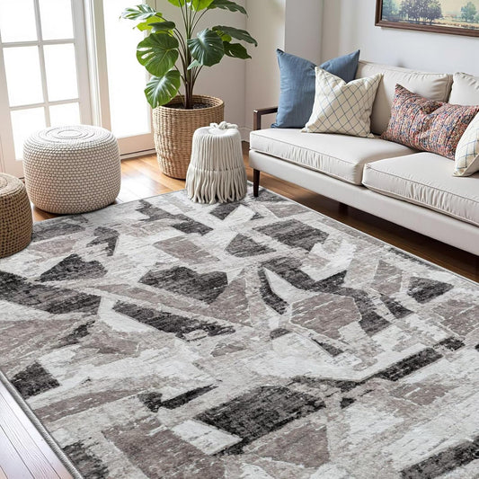 Modern Abstract 6X9 Area Rug for Living Room Bedroom Washable, with Non-Slip Rubber Backing Print Faux Wool Thin, Grey Throw Large Carpet for Kids Playroom Dining Room Pet & Child Friendly