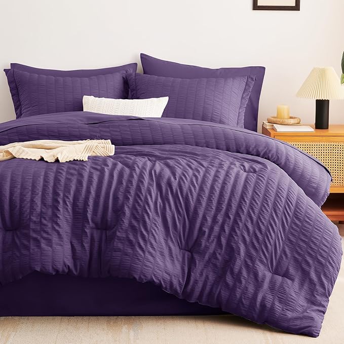 CozyLux Queen Comforter Set Purple Seersucker 7 Pieces Bed in a Bag Queen Comforter Set with Sheets, Luxury Soft Bedding Set with Down Alternative Comforter, Sheets, Pillowcases & Shams for All Season