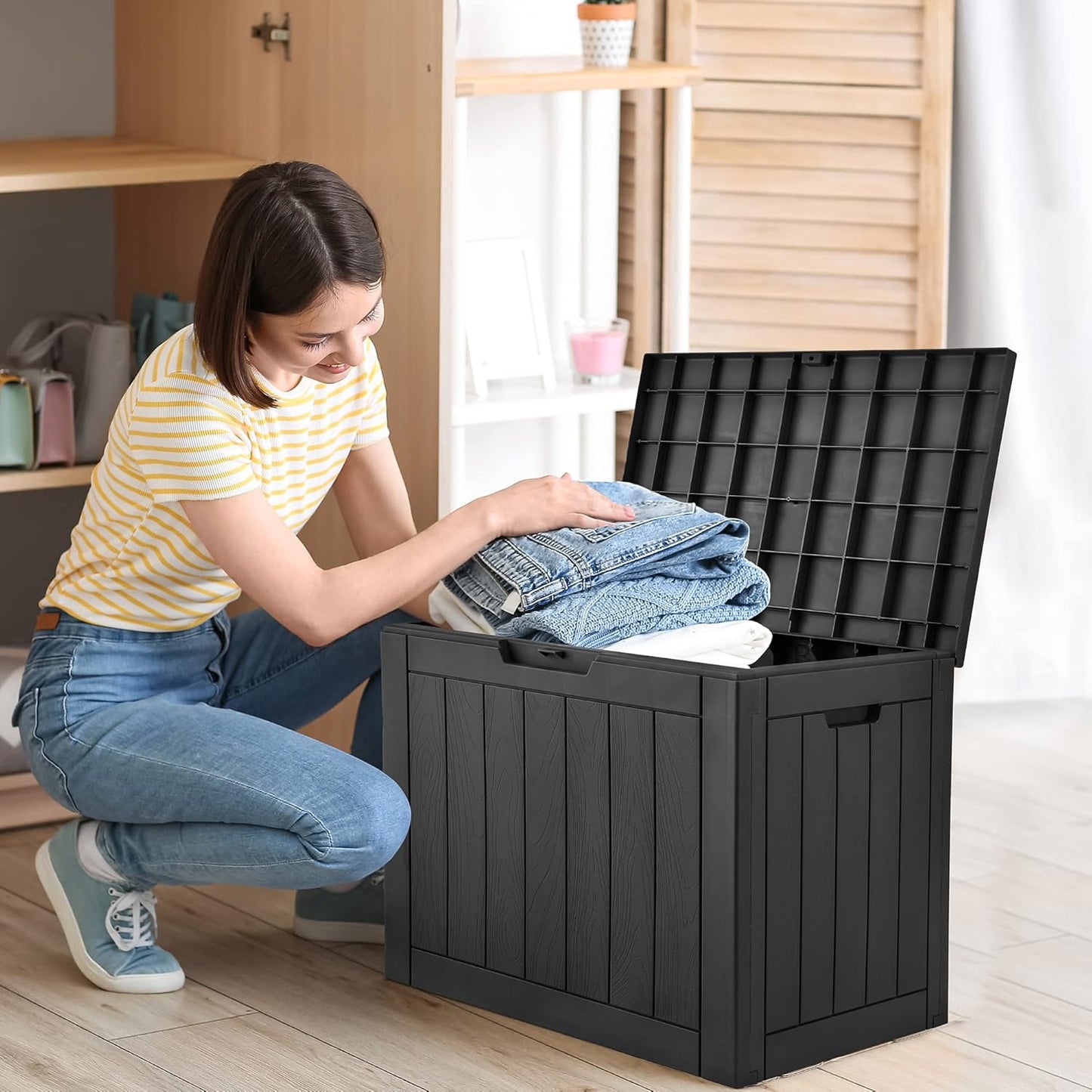 YITAHOME 30 Gallon Deck Box Outdoor Storage Box, Waterproof Resin Package Delivery and Storage Box with Lockable Lid for Patio Furniture Cushions, Pool Accessories, Garden Tools, Black