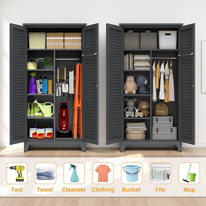Shutter Metal Storage Cabinet,Waterproof 73'' Tall Freestanding Tool Chest w/ 3 Adjustable Shelves,Locking Doors,2 Hanging Rod,Utility Garage Storage Tool Cabinet for Garage,Home,Office,Outdoor,Black