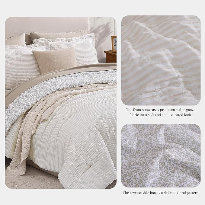 Full Comforter Set - 7 Pieces Beige Gauze Muslin Bedding Sets for All Seasons, Lightweight Breathable Bed in a Bag Full with Revesible Farmhouse Comforter, Sheets, Pillowcases & Shams