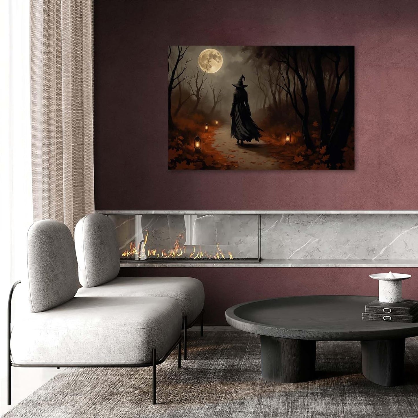 Moonlight witch poster dim lantern Halloween decoration Gothic style dark retro college style canvas wall art suitable for living room bedroom16x24in Wood Framed