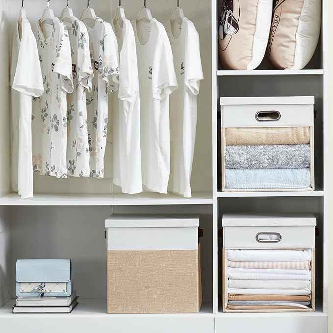 Fabric Storage Cubes with Clear Windows and Lids, 13'' Foldable Storage Bins with 3 Handles, Decorative Storage Boxes for Home, Bedroom, Closet, Office (Beige & White)