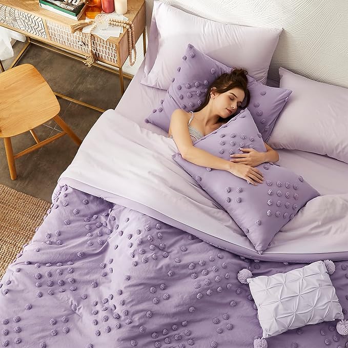 Geniospin Purple Queen Comforter Set for Girls- 7 Pieces Pom Tufted Bed in A Bag Queen Bedding Sets with Sheets, Pillowcases & Shams, All Season Kids Comforter Set