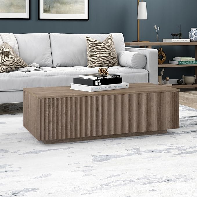 Henn&Hart 48" Fluted Rectangular Low-Profile Coffee Table with Ribbed Sides for Living Room, Family Room, or Office, Antiqued Gray Oak
