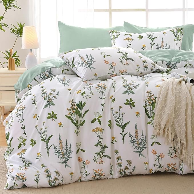 MUXHOMO Bed in a Bag King 7 Pieces, King Comforter Set Reversible Green Botanical Flowers Design, Ultra Soft & Breathable Bedding Sets with Comforter, Sheets, Pillowcases & Shams