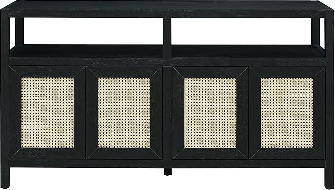 Ball & Cast 60" Rattan Buffet Sideboard Cabinet with Storage, Modern Boho Coffee Bar w/Push-to-Open Doors & Adjustable Shelves, Wood Console Cabinet for Kitchen,Livingroom & Dining Room, Black