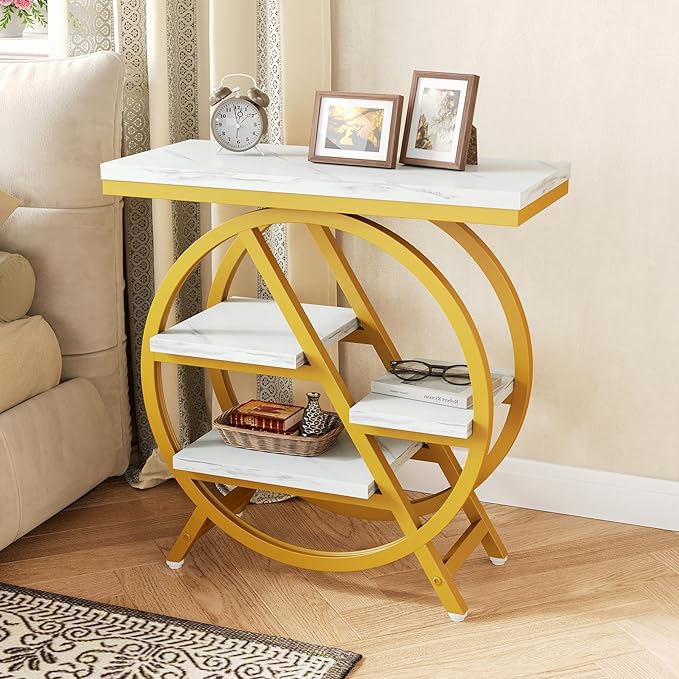 LITTLE TREE End Table Set of 2, 4-Tier Narrow Faux Marble Side Table with Large Storage Space, Modern Nightatsnd and Bedside Table for Living Room, Home Office, Bedroom, White and Gold