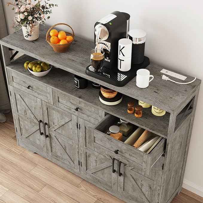 Farmhouse Buffet Cabinet with Drawers & Barn Doors, Sideboard with Storage, Kitchen Pantry Cabinet Hutch, Coffee Bar Station for Kitchen, Livingroom, 52" L, Washed Grey