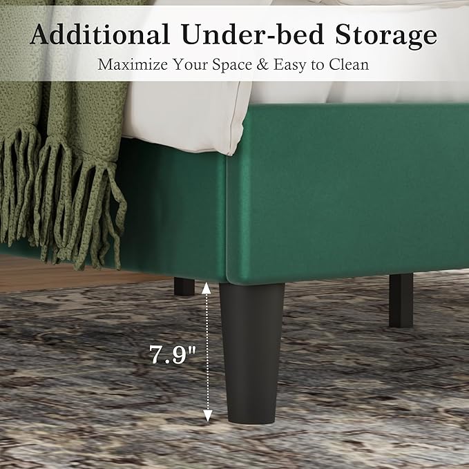 VECELO Full Bed Frame with Upholstered Headboard, Heavy-Duty Platform Bedframe with Strong Wooden Slats Support, No Boxing Spring Needed, Dark Green