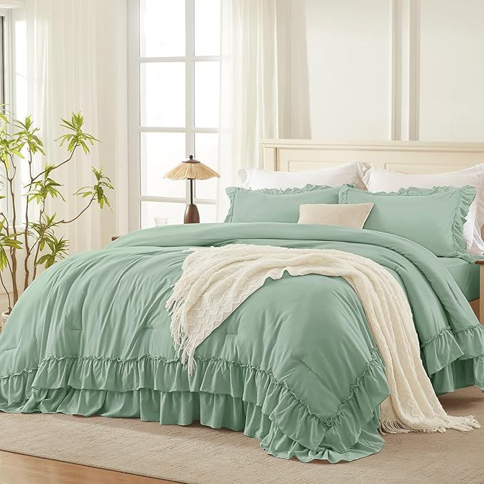 Andency Sage Green Queen Comforter Set, 3 Pieces Lightweight Farmhouse Shabby Chic Ruffle Bedding Comforter Sets for Queen Bed, Fluffy Soft Microfiber All Season Bed Set(90x90Inch)